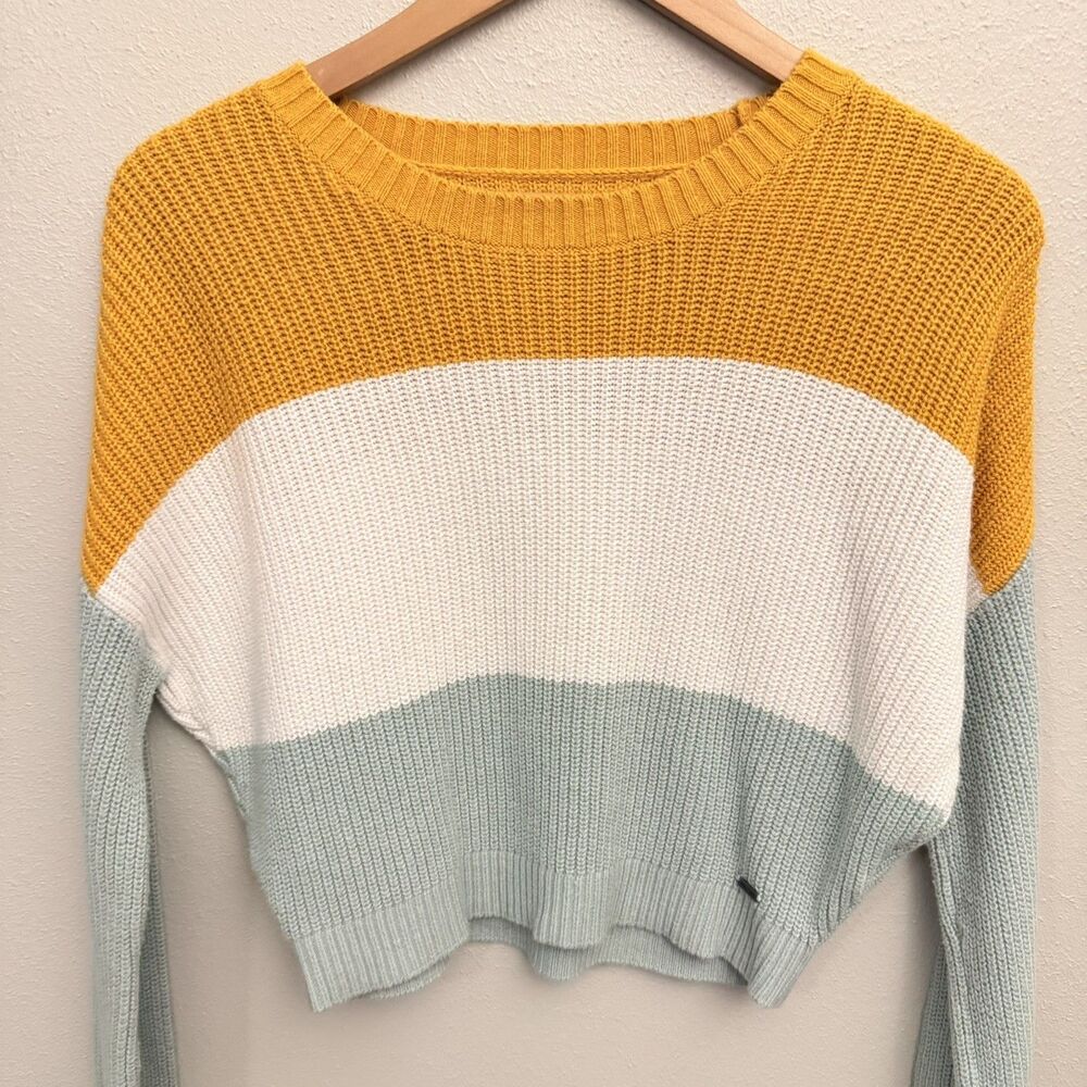 Hollister crop chunky knit sweater preppy beach college color block crewneck